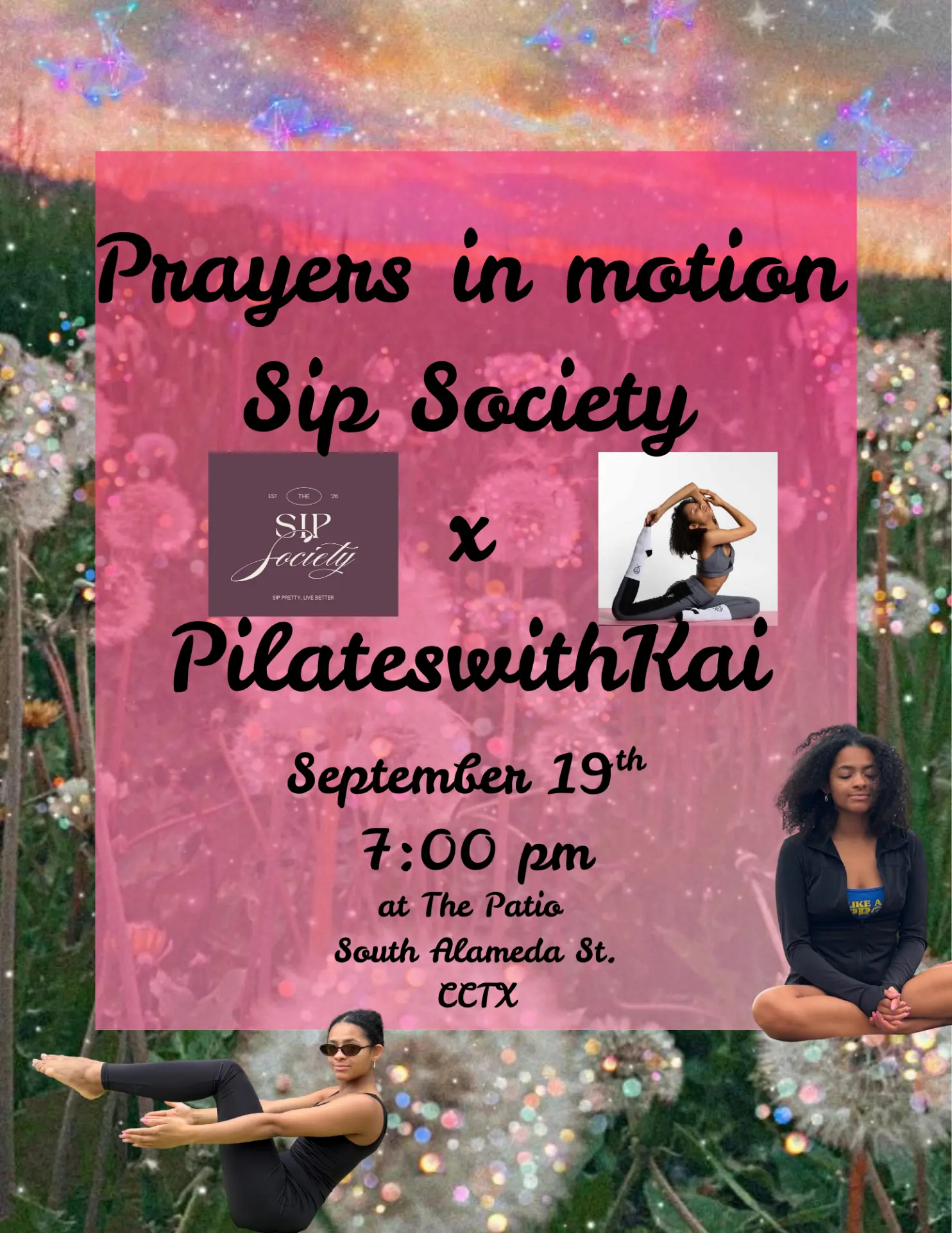 Prayers in Motion flyer — Pilates with Kai x Sip Society, September 19th at 7:00 pm